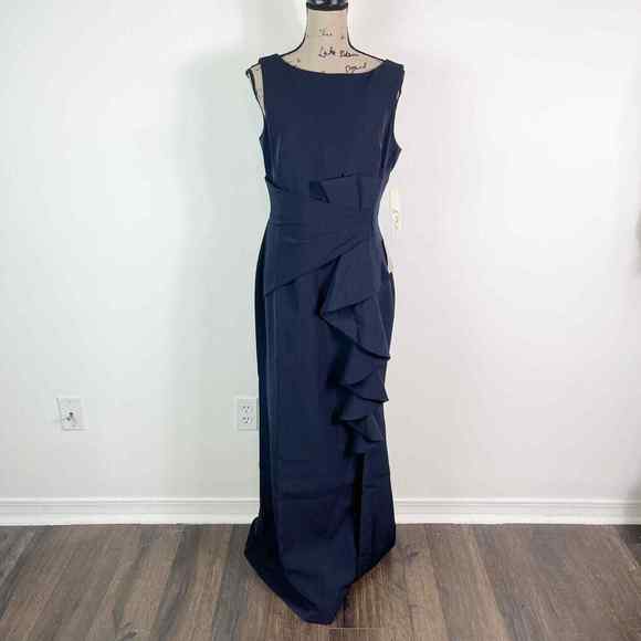 Eliza J NWT Ruffle Front Sleeveless Gown Dress Navy Blue Size 14 - Picture 1 of 8